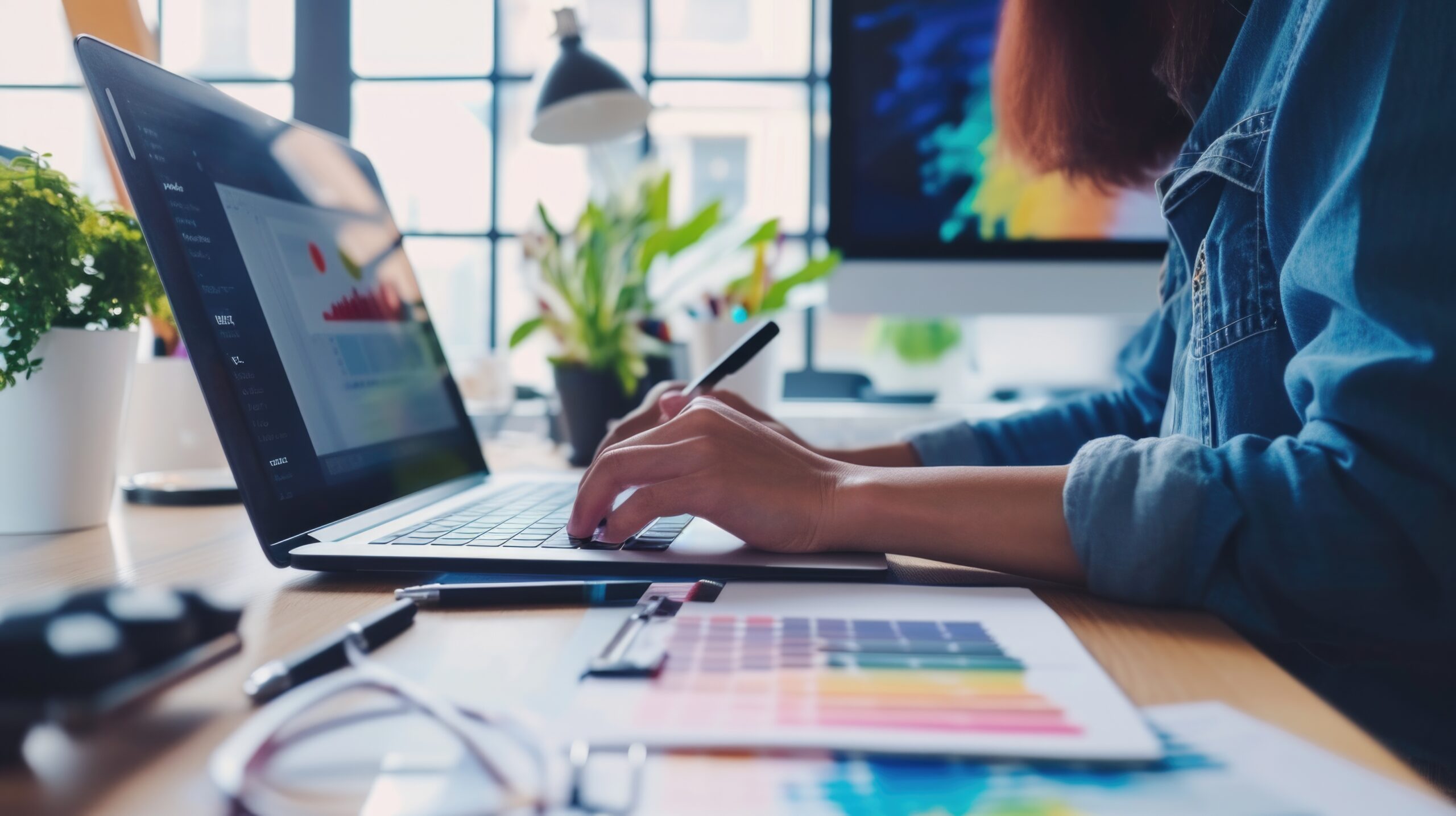 Graphic designer work on computer laptop and with graphic drawing pen while brainstorming unique design with professional graphic team in modern digital studio workplace. Panorama shot. Scrutinize --ar 16:9 --v 6 Job ID: 7097835b-374f-4915-8f9c-73a716aa1882